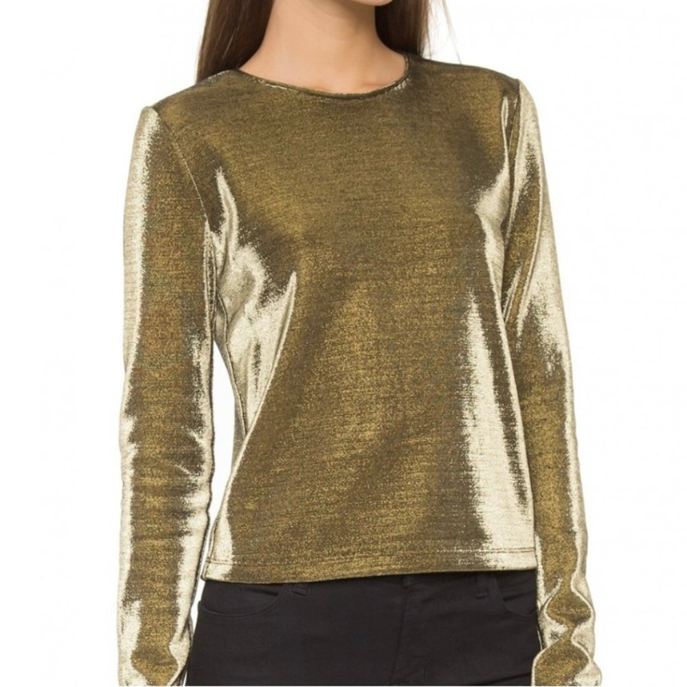 Alice + Olivia Women Shimmering Gold Long Sleeve Tiffie Fitted Metallic Top Sz L